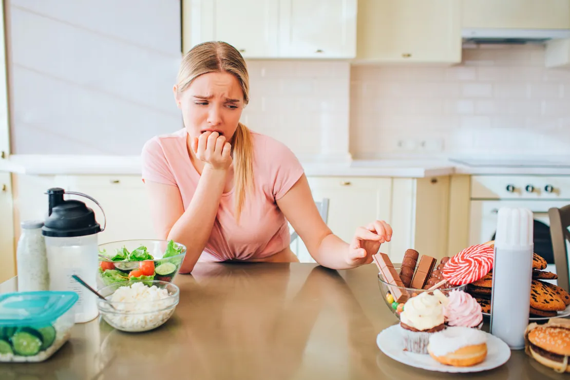 A person looking at an empty plate with a frustrated expression, symbolizing hunger on a diet.