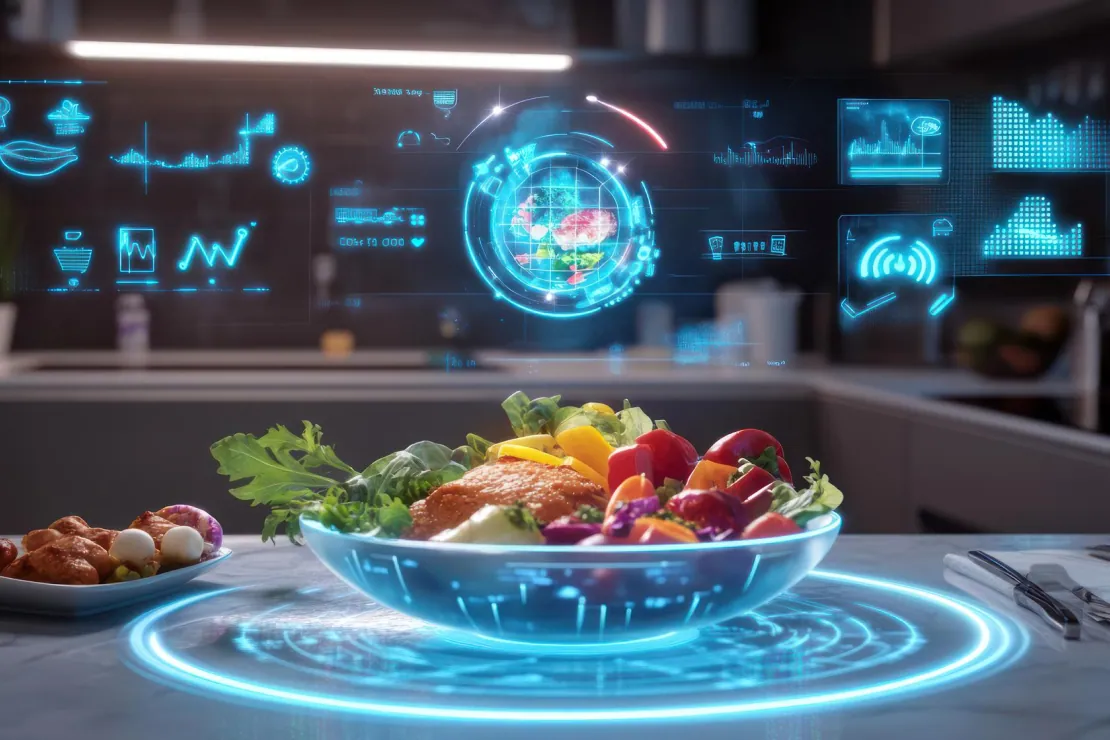 A futuristic bowl of salad with holographic nutritional data, symbolizing AI meal recommendations.
