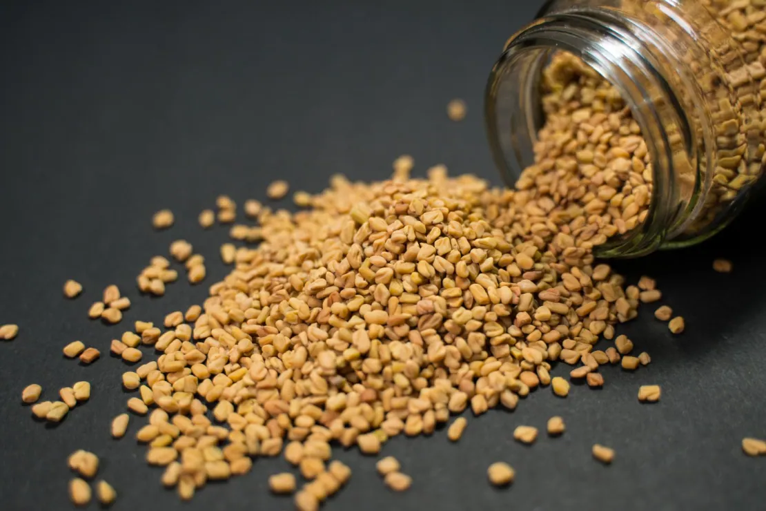 Fenugreek seeds in a small wooden bowl with a fenugreek plant in the background, symbolizing its natural properties for blood sugar control.