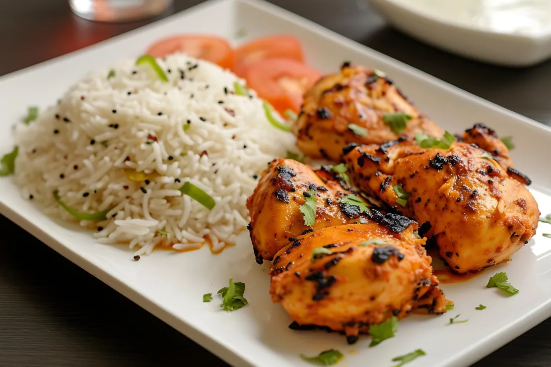 A meal prep container filled with grilled chicken breast and white rice, portioned for daily healthy eating