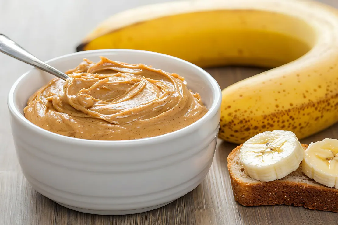 Sliced banana and a spoonful of peanut butter arranged on whole grain toast