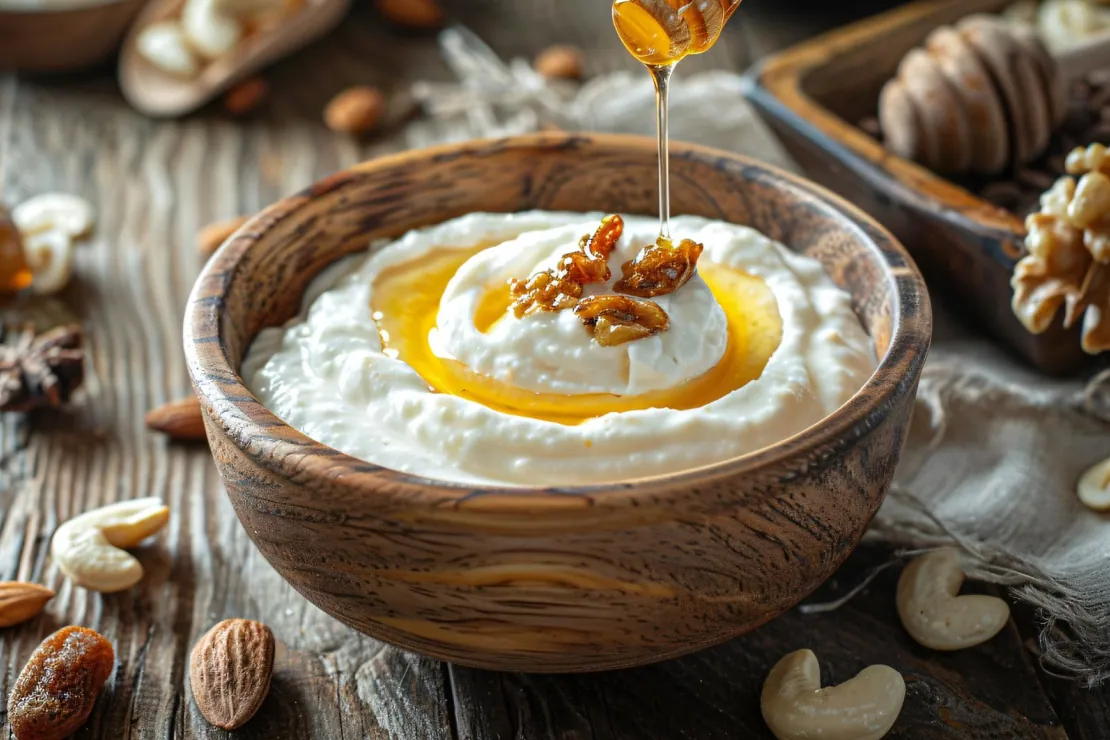 A bowl of thick Greek yogurt drizzled with golden honey, garnished with a few walnuts
