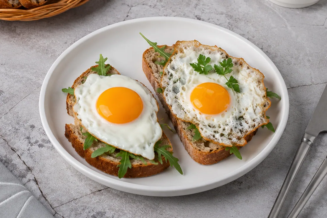 A perfectly poached egg with a runny yolk next to a fried egg on a plate, comparing two cooking methods