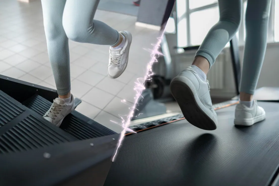 A split image showing a person walking uphill on a treadmill and another person walking on flat terrain, illustrating the comparison.