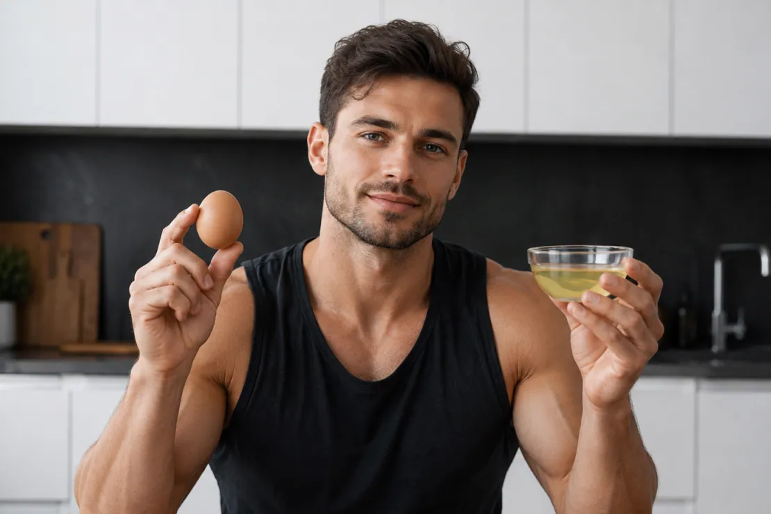 A fit man in a kitchen holding a whole brown egg in one hand and a bowl of egg whites in the other