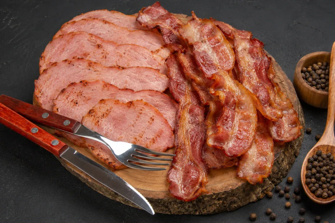 Lean oval turkey bacon slices next to crispy wavy pork bacon strips on a wooden platter