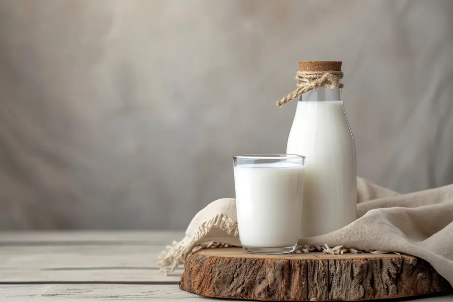 A glass and bottle of fresh cow's milk on a rustic wooden surface.